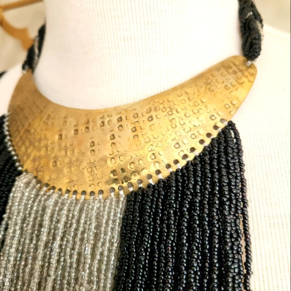Hand Hammered Brass, White and Black Beaded Statement Necklace - Picture 10 of 17